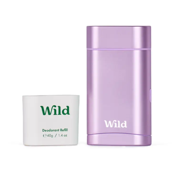 Deodorant case in purple with deodorant refill alongside