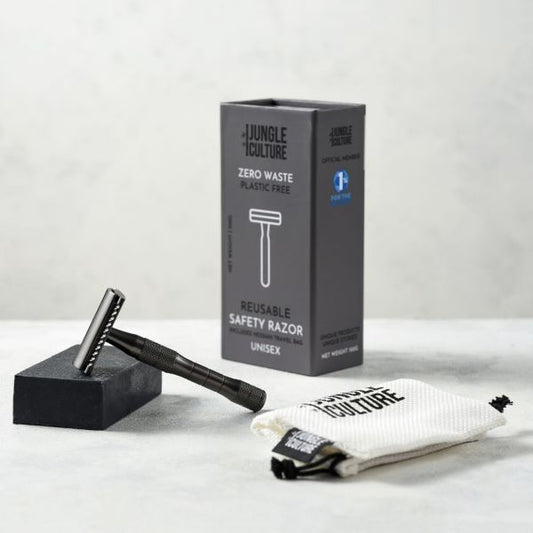 Safety razor in metallic black with soap bar, hessian travel bag and plastic-free packaging