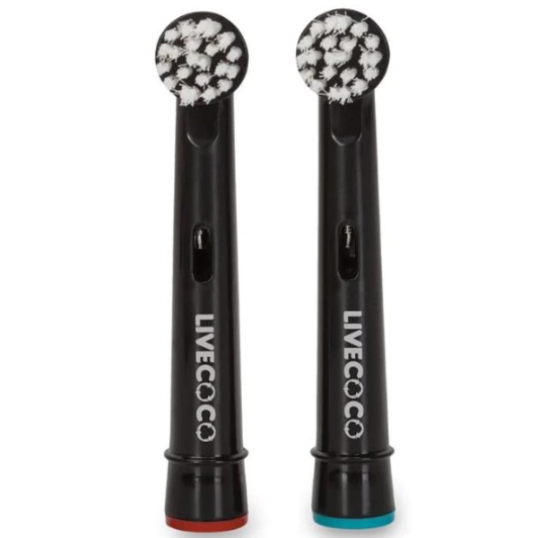 Two Live Coco recyclable electric toothbrush heads with soft bristles shown side by side