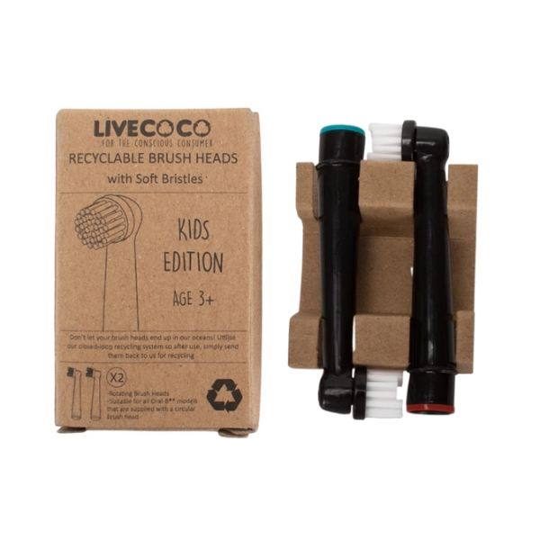 Two Live Coco recyclable electric toothbrush junior heads shown side by side with cardboard packaging