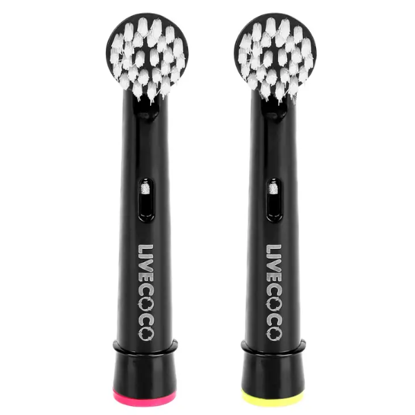 Two Live Coco recyclable electric toothbrush heads with soft bristles shown side by side