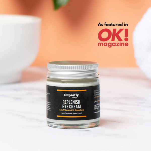 Superfly Soap replenish eye cream with text reading "as featured in OK! magazine"