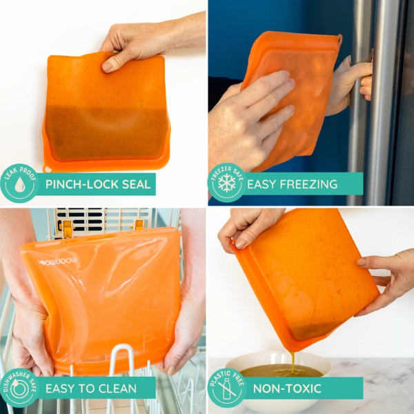 Reusable silicone food bags in large size showing features "leak-proof pinch-lock seal, freezer safe easy freezing, microwave safe easy to clean, plastic-free non-toxic"