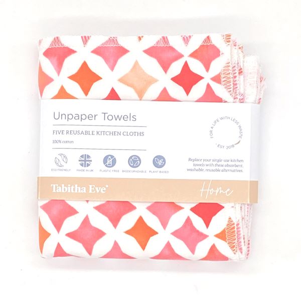 Reusable kitchen towels set of 5 in Red diamonds design (white background with various shades of red diamonds) shown with paper band packaging