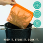 Moonmoon reusable silicone food bag in orange being shown put inside a pot of hot water, text reading "Suitable for sous vide cooking, Microwave safe keep bag unsealed, oven safe up to 230 C)