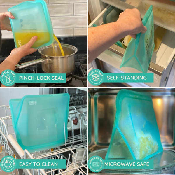 Reusable silicone food bags in xl size, showing features: pinch-lock seal, freezer safe and self-standing, easy to clean dishwasher safe, microwave safe 