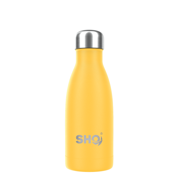 Reusable bottle in sunshine yellow (a bright, yellow) with aluminium screw top lid