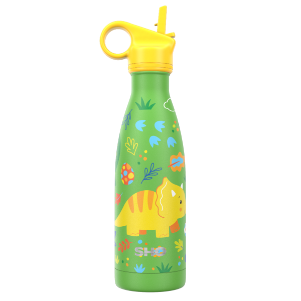 Kid's insulated bottle from SHO in Dinosaurs (green background with a colourful yellow dinosaur, blue footprints and flowers) with yellow straw 