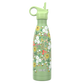 SHO insulated 500ml reusable bottle with straw lid in ditsy bees colour (green bottle with colourful flowers and bees)