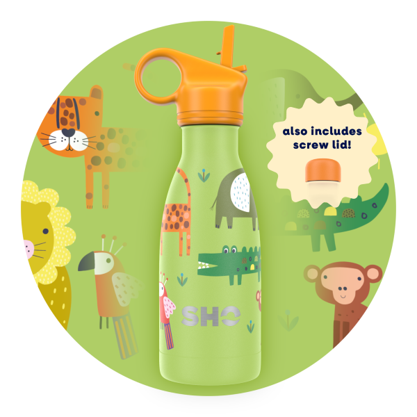 Kid's insulated bottle from SHO in Deep in the Jungle design (lime background with colourful jungle images, orange straw lid and orange screw lid)
