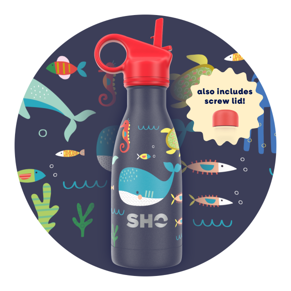 Kid's insulated bottle from SHO in Under the Sea design (navy background with colourful sea images including whale and turtle, red straw lid and red screw lid)