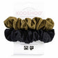 Plastic-free hair scrunchie set in Black olive - one black scrunchie and one olive green, shown with cardboard packaging