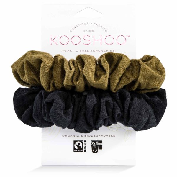 Plastic-free hair scrunchie set in Black olive - one black scrunchie and one olive green, shown with cardboard packaging