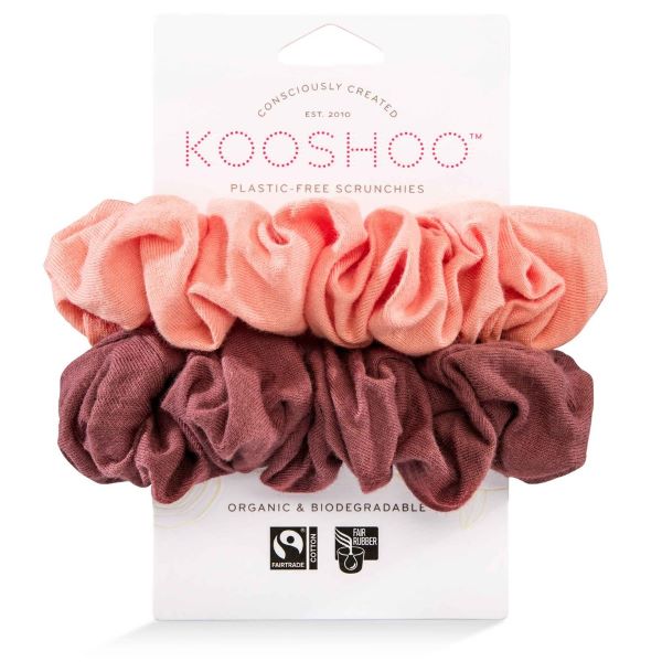 Plastic-free hair scrunchie set in Blush walnut - one blush pink scrunchie and one plum walnut, shown with cardboard packaging