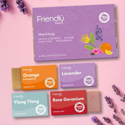 Friendly Soap selection box in floral and fruity shown with 4 soaps alongside shown in their individual boxes