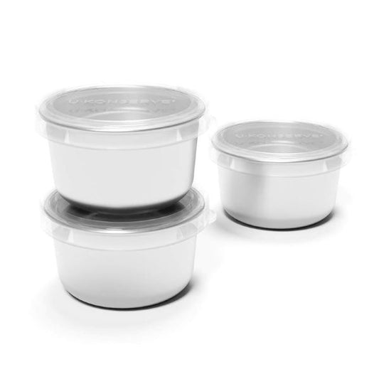 Set of three stainless steel mini food containers with silicone lids