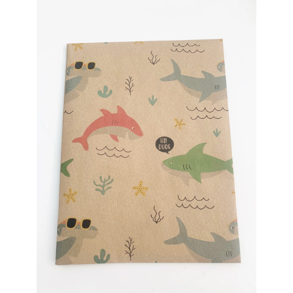 Eco-friendly recyclable wrapping paper in shark design (brown paper with colourful sharks in the sea) shown as single sheet