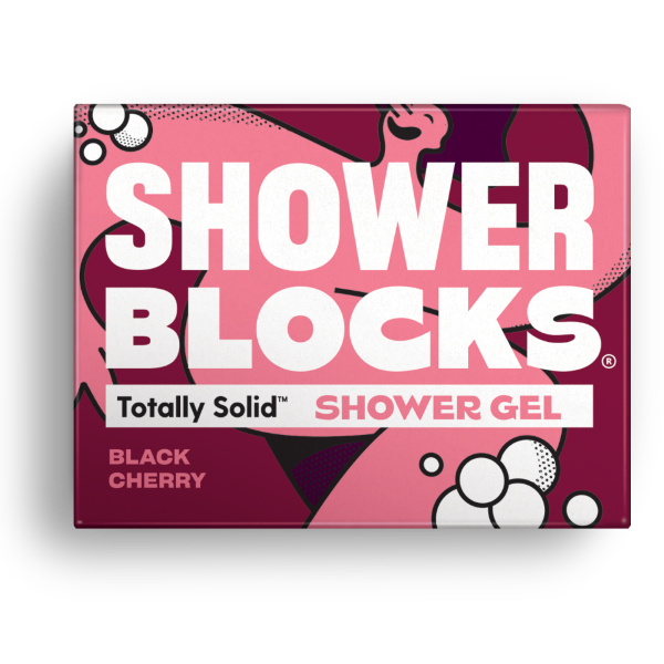 Totally solid shower gel bar in black cherry, shown in red cardboard packaging