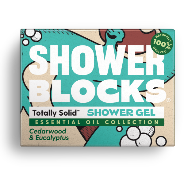 Totally solid shower gel bar in cedarwood and eucalyptus, shown in cardboard packaging