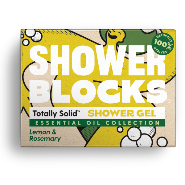 Totally solid shower gel bar in lemon and rosemary, shown in yellow and green cardboard packaging