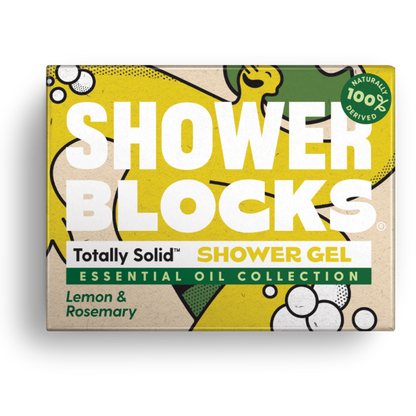 Totally solid shower gel bar in lemon and rosemary, shown in yellow and green cardboard packaging
