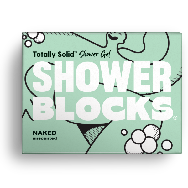 Totally solid shower gel bar in naked unscented, shown in cardboard packaging