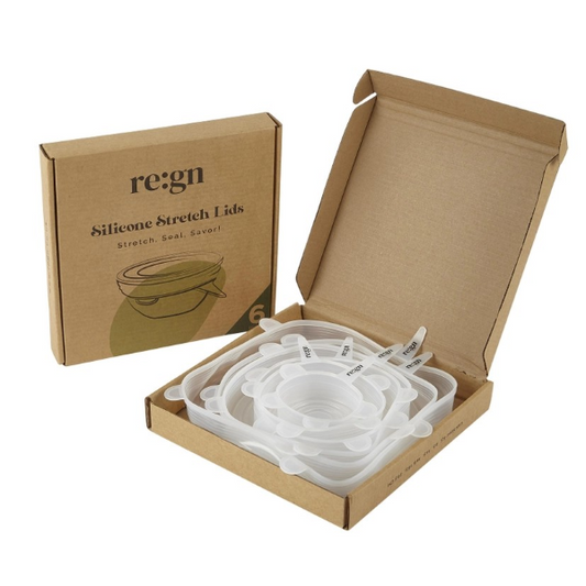 Set of 6 reusable silicone lids shown nested inside the cardboard box packaging