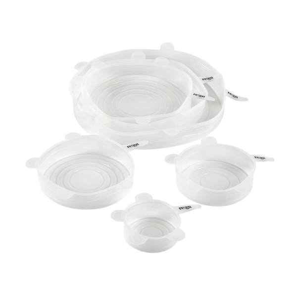 Set of 6 reusable silicone lids shown side by side