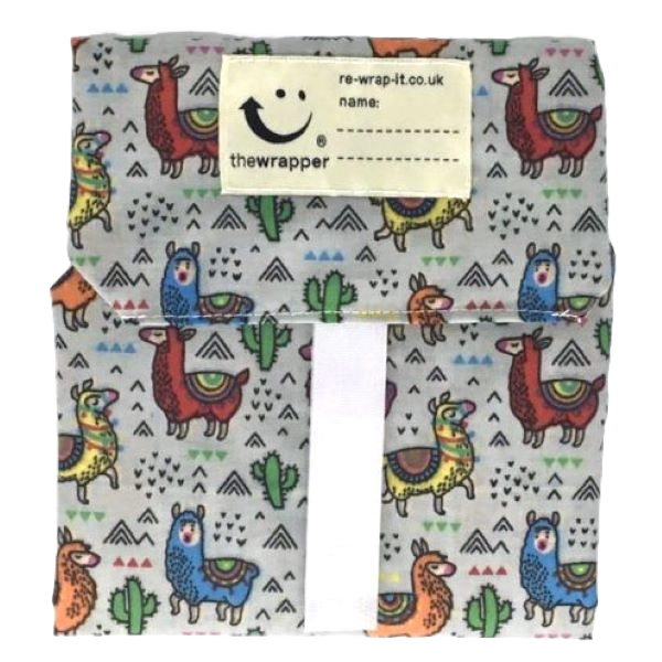 Llama and cacti sandwich wrapper (silver) (Silver background with colourful llamas and green cacti)