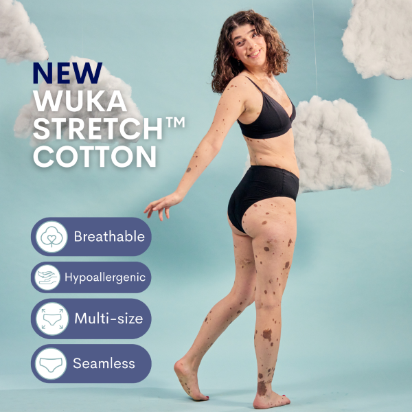 Stretch cotton period pants midi brief seamless stretch shown on model with text reading 'New Wuka stretch cotton, breathable, hypoallergenic, multi-size, seamless'