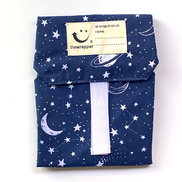 Sandwich wrapper in Stars and moon design (navy blue background with white stars, moons and planets)