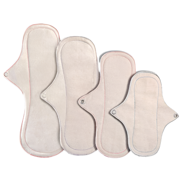 Eco Femme natural organic period pad starter kit set, showing all 4 pads of different sizes with unbleached cotton flanelette top layer