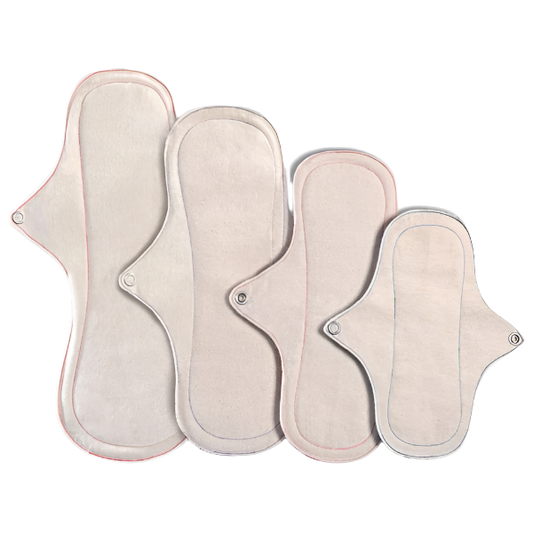 Eco Femme natural organic period pad starter kit set, showing all 4 pads of different sizes with unbleached cotton flanelette top layer