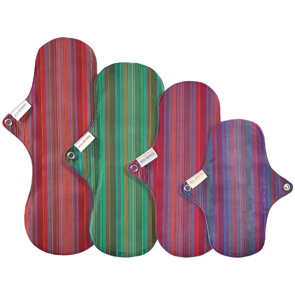 Eco Femme vibrant reusable pads starter kit showing each of the 4 differently sized pads side by side. 