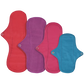 Eco Femme reusable period pad set showing 4 pads with skin-side up in vibrant  colours (red, purple, pink, blue)