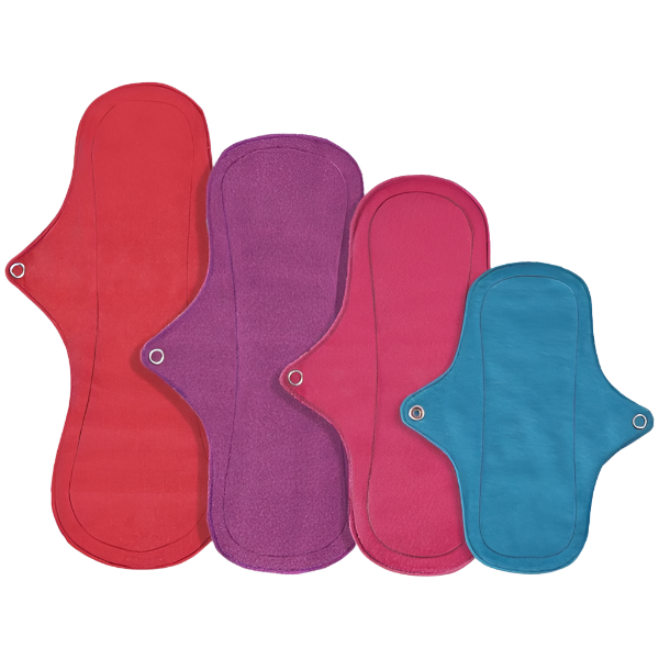 Eco Femme reusable period pad set showing 4 pads with skin-side up in vibrant  colours (red, purple, pink, blue)