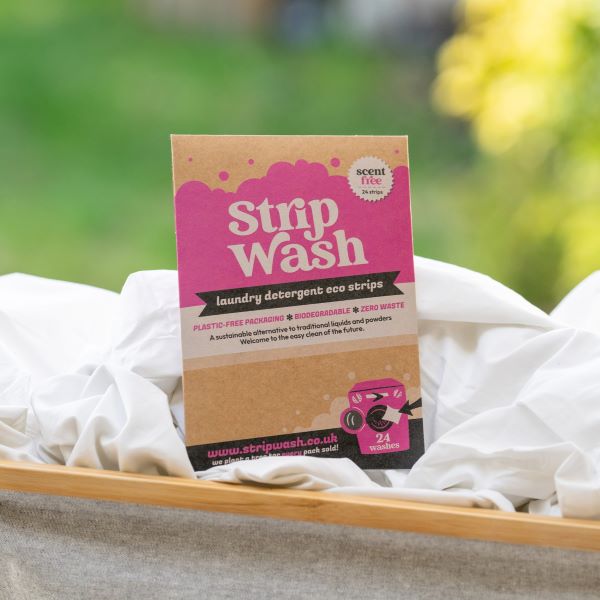 Strip wash laundry sheet in scent free fragrance and cardboard packaging