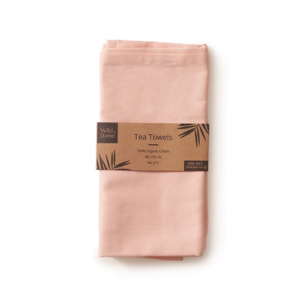 Organic cotton tea towels, pack of 2 with kraft paper label, shown in Rose pink