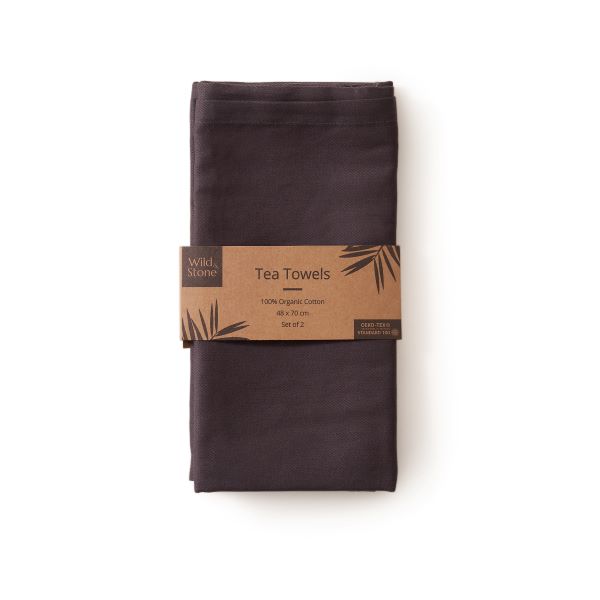 Organic cotton tea towels, pack of 2 with kraft paper label, shown in Slate grey, a dark charcoal grey