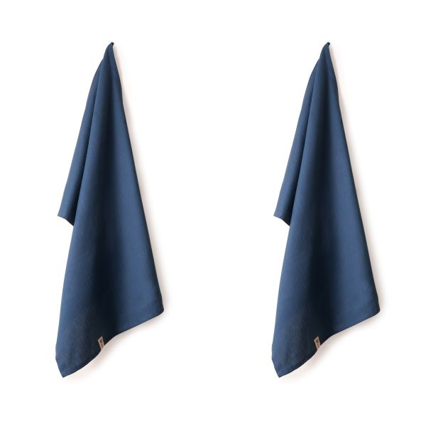 Organic cotton tea towels, pack of 2 hanging side by side, shown in Ocean blue, a dark blue