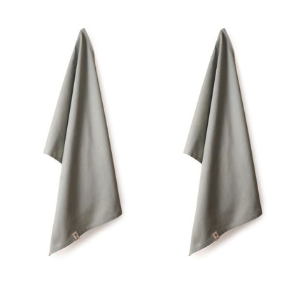 Organic cotton tea towels, pack of 2 hanging side by side, shown in Moss green