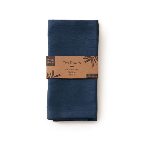 Organic cotton tea towels, pack of 2 with kraft paper label, shown in Ocean blue