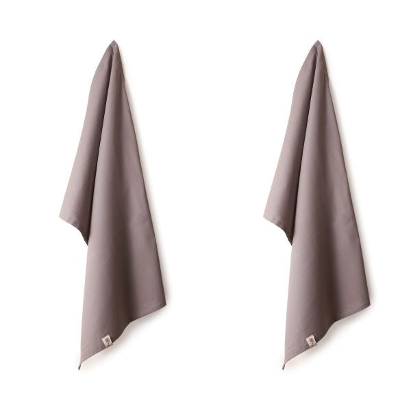 Organic cotton tea towels, pack of 2 hanging side by side, shown in Dove grey
