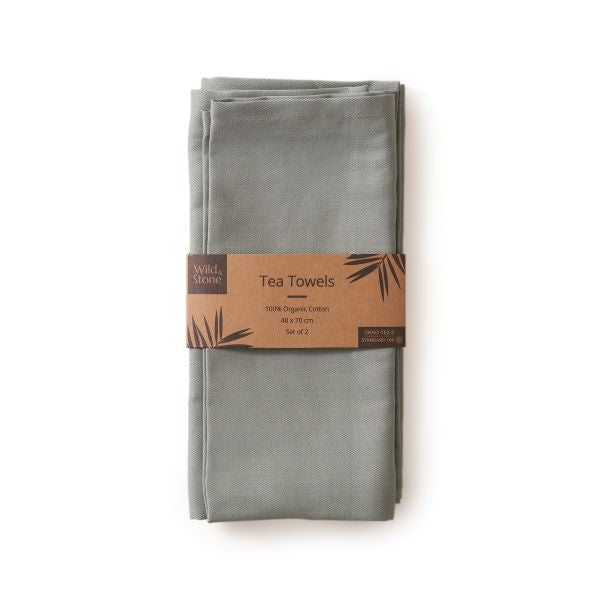 Organic cotton tea towels, pack of 2 with kraft paper label, shown in Moss green