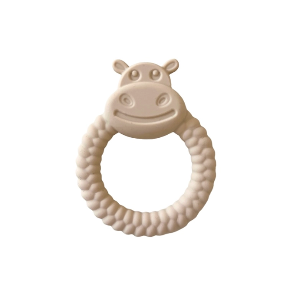 Silicone teething ring with hippo's smiling face, in cream colour
