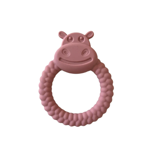 Silicone teething ring with hippo's smiling face, in dusky pink colour