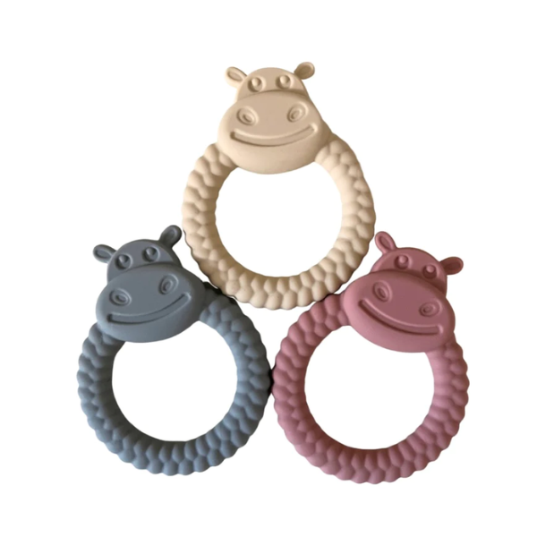 Silicone teething ring with hippo's smiling face, set of three