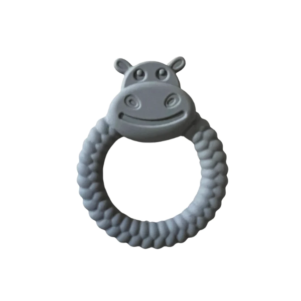 Silicone teething ring with hippo's smiling face, in dusky blue colour