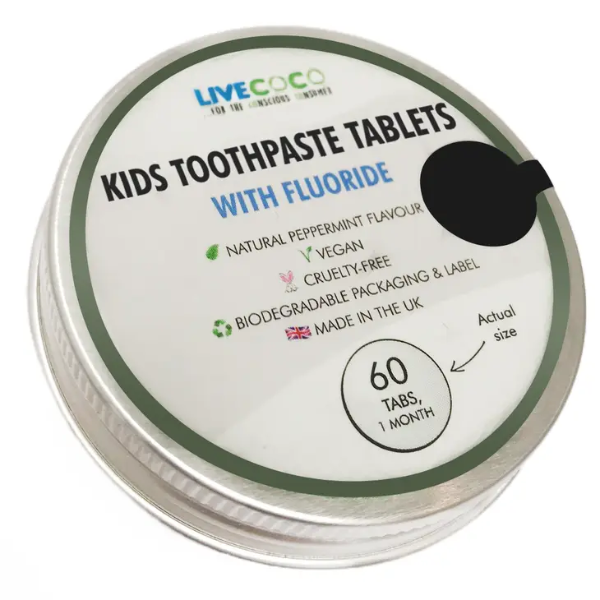 LiveCoco kid's toothpaste tablet tin saying "Kids toothpaste tablets with fluoride"