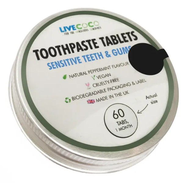 LiveCoco sensitive toothpaste tablet tin saying "Sensitive teeth & gums"